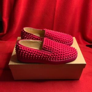 Christian Louboutin Roller Boat Flat Veau Velours GG Spike Rosa Pink Men Size 40